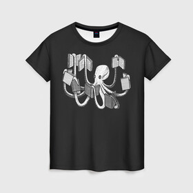 Женская футболка 3D с принтом Octopus Book в Санкт-Петербурге, 100% полиэфир ( синтетическое хлопкоподобное полотно) | прямой крой, круглый вырез горловины, длина до линии бедер | black | book | books | dual | knowledge | octopus | study | white | белое | знания | книга | книги | книжный | осьминог | черно белое | черное