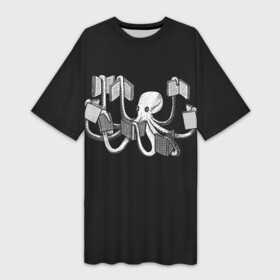 Платье-футболка 3D с принтом Octopus Book в Санкт-Петербурге,  |  | black | book | books | dual | knowledge | octopus | study | white | белое | знания | книга | книги | книжный | осьминог | черно белое | черное