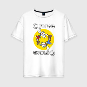 Женская футболка хлопок Oversize с принтом СapheadMugman в Санкт-Петербурге, 100% хлопок | свободный крой, круглый ворот, спущенный рукав, длина до линии бедер
 | caphead | cup | mugman | друг | капхед | капхейд | кружка | мугман