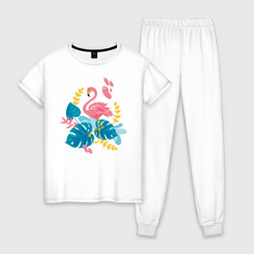 Женская пижама хлопок с принтом фламинго в Санкт-Петербурге, 100% хлопок | брюки и футболка прямого кроя, без карманов, на брюках мягкая резинка на поясе и по низу штанин | flamingo | птицы | розовый | фламинго
