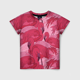 Детская футболка 3D с принтом розовые фламинго в Санкт-Петербурге, 100% гипоаллергенный полиэфир | прямой крой, круглый вырез горловины, длина до линии бедер, чуть спущенное плечо, ткань немного тянется | flamingo | птицы | розовый | фламинго