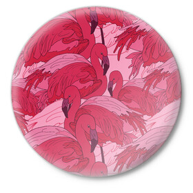Значок с принтом розовые фламинго в Санкт-Петербурге,  металл | круглая форма, металлическая застежка в виде булавки | flamingo | птицы | розовый | фламинго