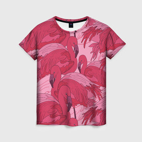 Женская футболка 3D с принтом розовые фламинго в Санкт-Петербурге, 100% полиэфир ( синтетическое хлопкоподобное полотно) | прямой крой, круглый вырез горловины, длина до линии бедер | flamingo | птицы | розовый | фламинго