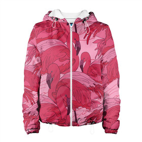 Женская куртка 3D с принтом розовые фламинго в Санкт-Петербурге, ткань верха — 100% полиэстер, подклад — флис | прямой крой, подол и капюшон оформлены резинкой с фиксаторами, два кармана без застежек по бокам, один большой потайной карман на груди. Карман на груди застегивается на липучку | flamingo | птицы | розовый | фламинго