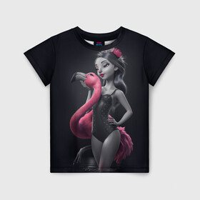 Детская футболка 3D с принтом девушка с фламинго в Санкт-Петербурге, 100% гипоаллергенный полиэфир | прямой крой, круглый вырез горловины, длина до линии бедер, чуть спущенное плечо, ткань немного тянется | flamingo | птицы | розовый | фламинго