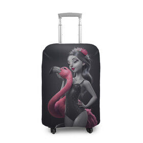 Чехол для чемодана 3D с принтом девушка с фламинго в Санкт-Петербурге, 86% полиэфир, 14% спандекс | двустороннее нанесение принта, прорези для ручек и колес | flamingo | птицы | розовый | фламинго