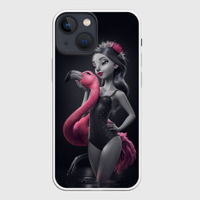 Чехол для iPhone 13 mini с принтом девушка с фламинго в Санкт-Петербурге,  |  | flamingo | птицы | розовый | фламинго