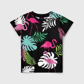 Детская футболка 3D с принтом фламинго с цветами в Санкт-Петербурге, 100% гипоаллергенный полиэфир | прямой крой, круглый вырез горловины, длина до линии бедер, чуть спущенное плечо, ткань немного тянется | flamingo | птицы | розовый | фламинго