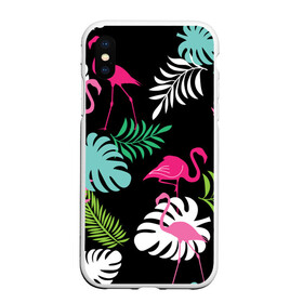 Чехол для iPhone XS Max матовый с принтом фламинго с цветами в Санкт-Петербурге, Силикон | Область печати: задняя сторона чехла, без боковых панелей | flamingo | птицы | розовый | фламинго