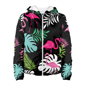 Женская куртка 3D с принтом фламинго с цветами в Санкт-Петербурге, ткань верха — 100% полиэстер, подклад — флис | прямой крой, подол и капюшон оформлены резинкой с фиксаторами, два кармана без застежек по бокам, один большой потайной карман на груди. Карман на груди застегивается на липучку | flamingo | птицы | розовый | фламинго