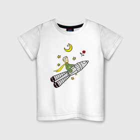Детская футболка хлопок с принтом Маленький принц на ракете в Санкт-Петербурге, 100% хлопок | круглый вырез горловины, полуприлегающий силуэт, длина до линии бедер | Тематика изображения на принте: baby | dreams | little prince | prince | rocket | space | stars | the little prince | детские | звезды | космонавт | космос | луна | маленький принц | малыш | месяц | мечты | полет | полумесяц | принц | ракета | ребенок | роза | сказки