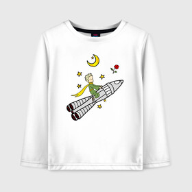 Детский лонгслив хлопок с принтом Маленький принц на ракете в Санкт-Петербурге, 100% хлопок | круглый вырез горловины, полуприлегающий силуэт, длина до линии бедер | baby | dreams | little prince | prince | rocket | space | stars | the little prince | детские | звезды | космонавт | космос | луна | маленький принц | малыш | месяц | мечты | полет | полумесяц | принц | ракета | ребенок | роза | сказки