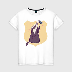 Женская футболка хлопок с принтом Барсук и бабочка в Санкт-Петербурге, 100% хлопок | прямой крой, круглый вырез горловины, длина до линии бедер, слегка спущенное плечо | animals | бабочка | барсук | барсук и бабочка | животное | зверь | насекомое | сердечко