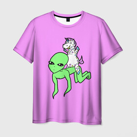 Мужская футболка 3D с принтом Инопланетянин и Единорожка в Санкт-Петербурге, 100% полиэфир | прямой крой, круглый вырез горловины, длина до линии бедер | волшебство | единорог | забавное | инопланетянин