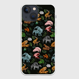 Чехол для iPhone 13 mini с принтом Дикие Звери Паттерн в Санкт-Петербурге,  |  | animals | зайцы | звери | зебры | кошки | лев | леопард | обезьяны | олени | природа | тигры | фламинго | цветы