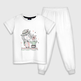 Детская пижама хлопок с принтом Милая Лола и кактус в Санкт-Петербурге, 100% хлопок |  брюки и футболка прямого кроя, без карманов, на брюках мягкая резинка на поясе и по низу штанин
 | бантик | девушка | кактус | лола | романтичная | цветок | шляпка