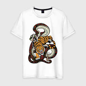 Мужская футболка хлопок с принтом Тигр и Змея Борьба в Санкт-Петербурге, 100% хлопок | прямой крой, круглый вырез горловины, длина до линии бедер, слегка спущенное плечо. | beast | snake | tiger | борьба | животные | звери | змеи | зубы | когти | кошки | тигры | узор