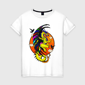 Женская футболка хлопок с принтом Красочный дракон в Санкт-Петербурге, 100% хлопок | прямой крой, круглый вырез горловины, длина до линии бедер, слегка спущенное плечо | deagon | fantasy | monster | wings | вороны | дракон | животные | зверь | змей | китайский дракон | крылья | луна | мифические существа | монстр | облака | огненный | огонь | пламя | птицы | радужный | сказочный