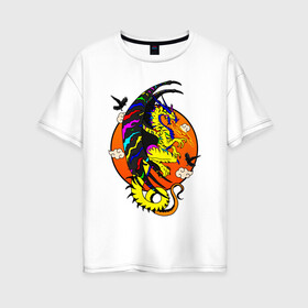 Женская футболка хлопок Oversize с принтом Красочный дракон в Санкт-Петербурге, 100% хлопок | свободный крой, круглый ворот, спущенный рукав, длина до линии бедер
 | deagon | fantasy | monster | wings | вороны | дракон | животные | зверь | змей | китайский дракон | крылья | луна | мифические существа | монстр | облака | огненный | огонь | пламя | птицы | радужный | сказочный