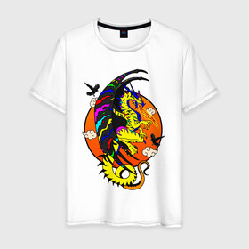 Мужская футболка хлопок с принтом Красочный дракон в Санкт-Петербурге, 100% хлопок | прямой крой, круглый вырез горловины, длина до линии бедер, слегка спущенное плечо. | Тематика изображения на принте: deagon | fantasy | monster | wings | вороны | дракон | животные | зверь | змей | китайский дракон | крылья | луна | мифические существа | монстр | облака | огненный | огонь | пламя | птицы | радужный | сказочный