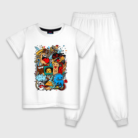 Детская пижама хлопок с принтом Doodle Monster Дудл (Z) в Санкт-Петербурге, 100% хлопок |  брюки и футболка прямого кроя, без карманов, на брюках мягкая резинка на поясе и по низу штанин
 | Тематика изображения на принте: doodle | doodle monster | графи | граффити | дудл | дудлинг | дудлы монстрики | мульт | мультяшная | разноцветные монстрики
