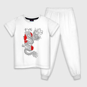 Детская пижама хлопок с принтом Японский Дракон в Санкт-Петербурге, 100% хлопок |  брюки и футболка прямого кроя, без карманов, на брюках мягкая резинка на поясе и по низу штанин
 | Тематика изображения на принте: akatsuki | beast | dragon | акацуки | дракон | животные | зверь | змей | когти | облако | огонь | узор | чб | японский