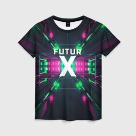 Женская футболка 3D с принтом FuturX в Санкт-Петербурге, 100% полиэфир ( синтетическое хлопкоподобное полотно) | прямой крой, круглый вырез горловины, длина до линии бедер | будущее | киберпанк | крест | неон | технологии