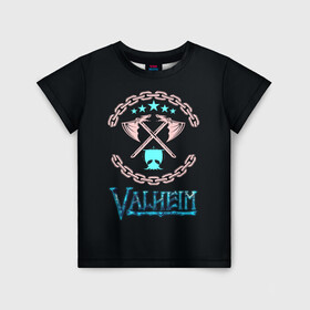 Детская футболка 3D с принтом Valheim лого и цепи в Санкт-Петербурге, 100% гипоаллергенный полиэфир | прямой крой, круглый вырез горловины, длина до линии бедер, чуть спущенное плечо, ткань немного тянется | Тематика изображения на принте: fantasy | mmo | valheim | valve | валхейм | вальхейм | викинги | выживалка | игра | королевская битва | ммо | ролевая игра | фэнтази