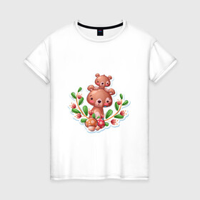 Женская футболка хлопок с принтом Веселые медведи милашки в Санкт-Петербурге, 100% хлопок | прямой крой, круглый вырез горловины, длина до линии бедер, слегка спущенное плечо | веселые | животные | малышка | медведи | медвежонок | милашка | мультяшка