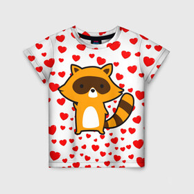 Детская футболка 3D с принтом Енот в сердечках в Санкт-Петербурге, 100% гипоаллергенный полиэфир | прямой крой, круглый вырез горловины, длина до линии бедер, чуть спущенное плечо, ткань немного тянется | animal | love | енот | животные | любовь | сердечки