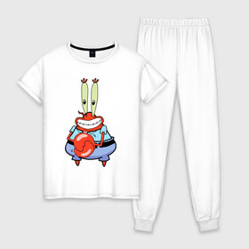 Женская пижама хлопок с принтом Мистер Крабс в Санкт-Петербурге, 100% хлопок | брюки и футболка прямого кроя, без карманов, на брюках мягкая резинка на поясе и по низу штанин | mister crabs | sponge bob | губка боб | мистер крабс