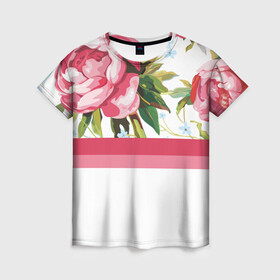 Женская футболка 3D с принтом Нежные Розы  в Санкт-Петербурге, 100% полиэфир ( синтетическое хлопкоподобное полотно) | прямой крой, круглый вырез горловины, длина до линии бедер | линии | листья | минимализм | полосы | природа | растение | розы | цветы