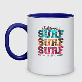 Кружка двухцветная с принтом Surf в Санкт-Петербурге, керамика | объем — 330 мл, диаметр — 80 мм. Цветная ручка и кайма сверху, в некоторых цветах — вся внутренняя часть | surf | usa | калифорния | лето | море