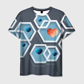 Мужская футболка 3D с принтом hot heart в Санкт-Петербурге, 100% полиэфир | прямой крой, круглый вырез горловины, длина до линии бедер | авторские коллекции | геометрия | сердце | фигуры | шестиугольник