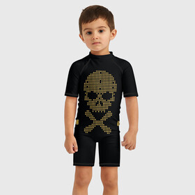 Детский купальный костюм 3D с принтом Пиратский через из золота в Санкт-Петербурге, Полиэстер 85%, Спандекс 15% | застежка на молнии на спине | hell | skull | ад | скелет | ужасы | череп | черепушка