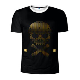 Мужская футболка 3D спортивная с принтом Пиратский через из золота в Санкт-Петербурге, 100% полиэстер с улучшенными характеристиками | приталенный силуэт, круглая горловина, широкие плечи, сужается к линии бедра | hell | skull | ад | скелет | ужасы | череп | черепушка