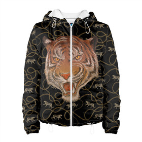 Женская куртка 3D с принтом Морда тигра в Санкт-Петербурге, ткань верха — 100% полиэстер, подклад — флис | прямой крой, подол и капюшон оформлены резинкой с фиксаторами, два кармана без застежек по бокам, один большой потайной карман на груди. Карман на груди застегивается на липучку | большая кошка | полосатый | тигр | тигрица | хищник