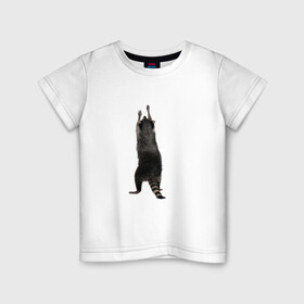 Детская футболка хлопок с принтом Прикольный енот тянется вверх  в Санкт-Петербурге, 100% хлопок | круглый вырез горловины, полуприлегающий силуэт, длина до линии бедер | raccoon | енот | животные | звери | картинки | прикольные | тянется | хвост