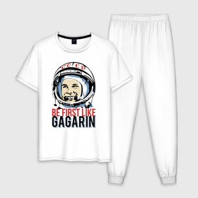 Мужская пижама хлопок с принтом Быть первым как Юрий Гагарин. в Санкт-Петербурге, 100% хлопок | брюки и футболка прямого кроя, без карманов, на брюках мягкая резинка на поясе и по низу штанин
 | астронавт | восток1 | гагарин | земля | космонавт | космос | планеты | юрий