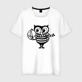 Мужская футболка хлопок с принтом Сова с корабликом в Санкт-Петербурге, 100% хлопок | прямой крой, круглый вырез горловины, длина до линии бедер, слегка спущенное плечо. | owl | owls | сова | совушка | совы | филин | фраза | юмор