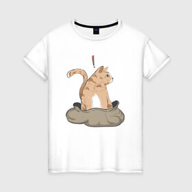Женская футболка хлопок с принтом Кот в мешке в Санкт-Петербурге, 100% хлопок | прямой крой, круглый вырез горловины, длина до линии бедер, слегка спущенное плечо | cat | кот в мешке | кот из мема | рыжий котик | удивленный кошак