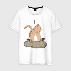 Мужская футболка хлопок с принтом Кот в мешке в Санкт-Петербурге, 100% хлопок | прямой крой, круглый вырез горловины, длина до линии бедер, слегка спущенное плечо. | cat | кот в мешке | кот из мема | рыжий котик | удивленный кошак