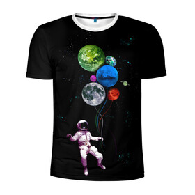 Мужская футболка 3D спортивная с принтом Космонавт Воздушные Планеты в Санкт-Петербурге, 100% полиэстер с улучшенными характеристиками | приталенный силуэт, круглая горловина, широкие плечи, сужается к линии бедра | Тематика изображения на принте: alien | earth | galaxy | hello | mars | moon | nasa | space | star | абстракция | вселенная | звезда | земля | космонавт | космос | луна | марс | наса | нло | планета | привет | текстура | узор | шары