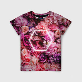 Детская футболка 3D с принтом ROSE | РОЗЫ в Санкт-Петербурге, 100% гипоаллергенный полиэфир | прямой крой, круглый вырез горловины, длина до линии бедер, чуть спущенное плечо, ткань немного тянется | rose | женская | любовь | молодежь | мужская | неон | розы | свобода