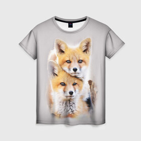 Женская футболка 3D с принтом Лисята в Санкт-Петербурге, 100% полиэфир ( синтетическое хлопкоподобное полотно) | прямой крой, круглый вырез горловины, длина до линии бедер | детеныши | животные | лиса | лисенок | лисичка | лисята | природа | рыжая