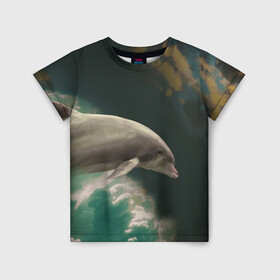 Детская футболка 3D с принтом Дельфин в облаках в Санкт-Петербурге, 100% гипоаллергенный полиэфир | прямой крой, круглый вырез горловины, длина до линии бедер, чуть спущенное плечо, ткань немного тянется | дельфин | облака | плавник | полет | свобода