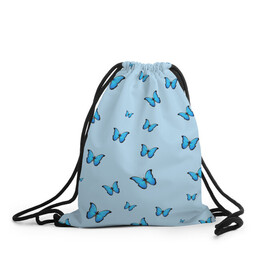 Рюкзак-мешок 3D с принтом Синие бабочки в Санкт-Петербурге, 100% полиэстер | плотность ткани — 200 г/м2, размер — 35 х 45 см; лямки — толстые шнурки, застежка на шнуровке, без карманов и подкладки | blue | butterfly | emoji | smile | бабочки | насекомые | эмоджи