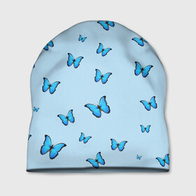 Шапка 3D с принтом Синие бабочки в Санкт-Петербурге, 100% полиэстер | универсальный размер, печать по всей поверхности изделия | blue | butterfly | emoji | smile | бабочки | насекомые | эмоджи