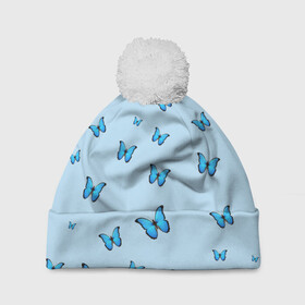 Шапка 3D c помпоном с принтом Синие бабочки в Санкт-Петербурге, 100% полиэстер | универсальный размер, печать по всей поверхности изделия | blue | butterfly | emoji | smile | бабочки | насекомые | эмоджи