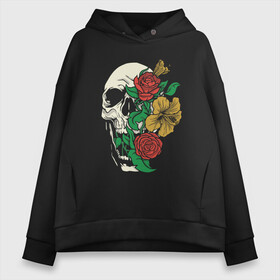Женское худи Oversize хлопок с принтом Floral Roses Skull  в Санкт-Петербурге, френч-терри — 70% хлопок, 30% полиэстер. Мягкий теплый начес внутри —100% хлопок | боковые карманы, эластичные манжеты и нижняя кромка, капюшон на магнитной кнопке | bones | cranium | flower | flowers | gothic | merch | rose | skeleton | skull merch | tattoo | букет | готика | кости | мерч | мистика | рисунок черепа | роза | розы | скелет | татуировка | ужасы | флора | цветы | чайные розы | череп | черепа с
